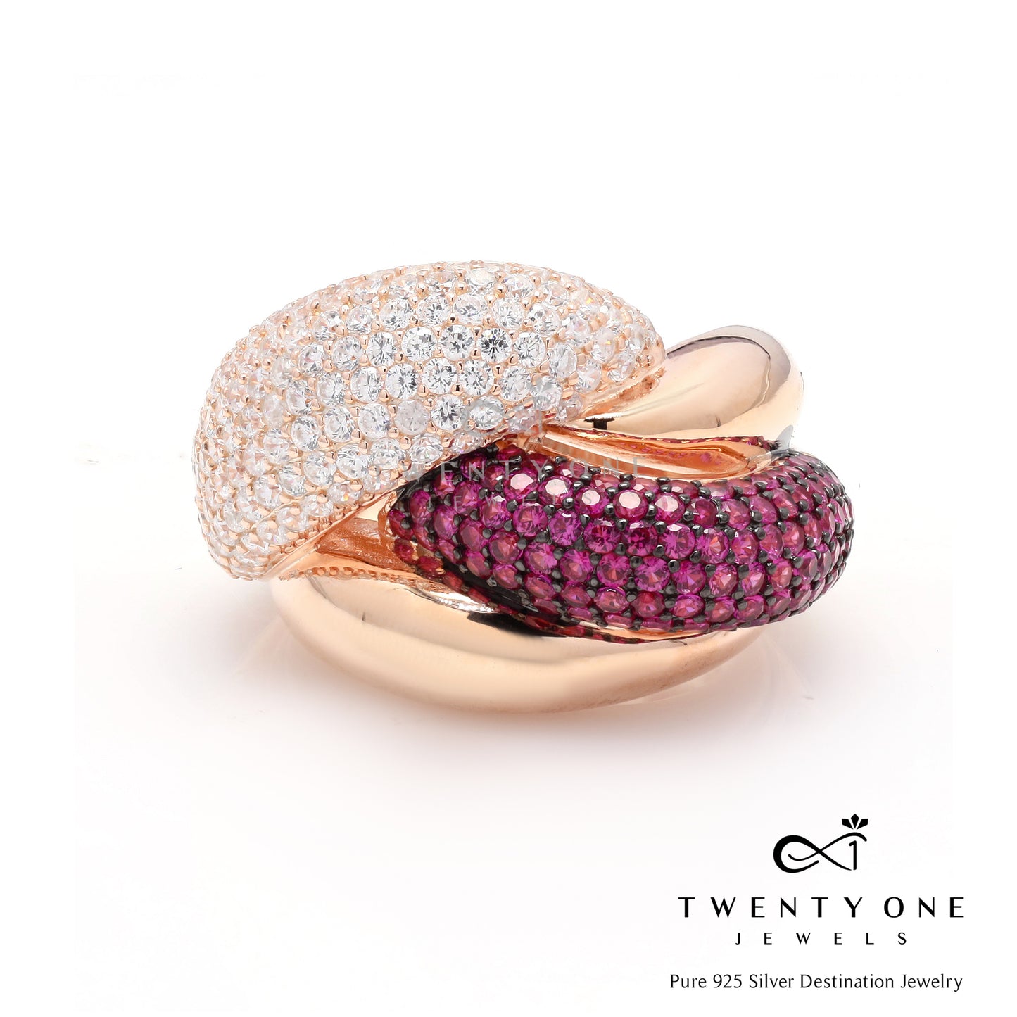 Premium Chunky Rose Gold Intertwined Ruby and Diamond Ring on Pure 925 Silver