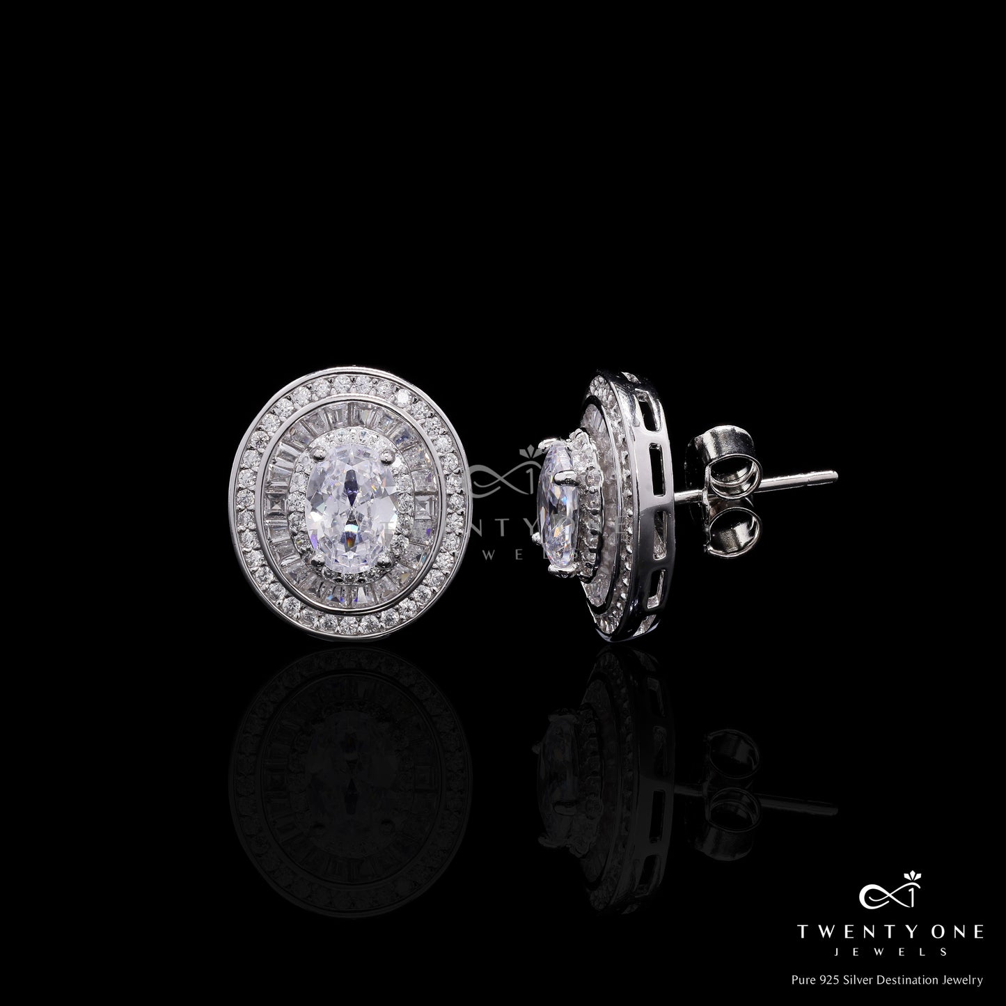 Premium 75 Cents Each Oval Solitaire Studs with Baguettes and Round Cuts on Pure 925 Silver