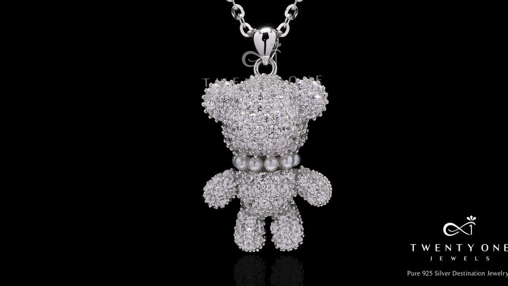 Valentines Exclusive Diamond Studded Teddy Bear Coco Pendant with Chain on Pure 925 Silver