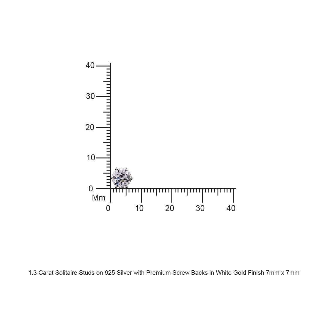 1.3 Carat Solitaire Studs on 925 Silver with Premium Screw Backs in White Gold Finish