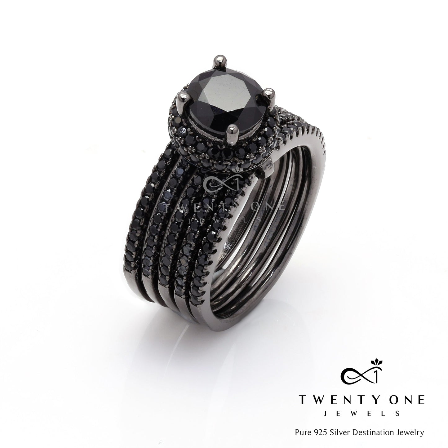 Black Rhodium American Diamond Stack Solitaire Ring on Pure 925 Silver