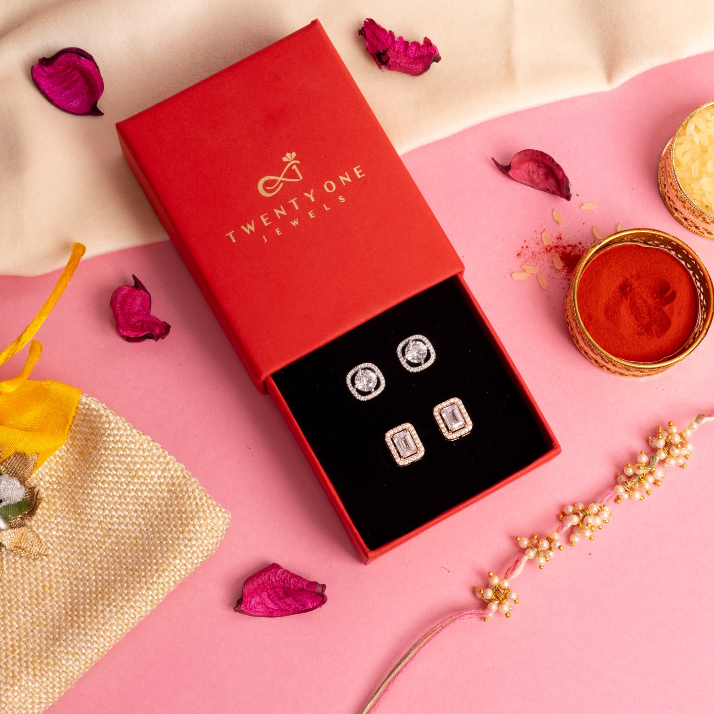 Exclusive Value Combo of  Round Cut Solitaire and Rose Gold Emerald Cut Solitaire Studs on Pure 925 Silver