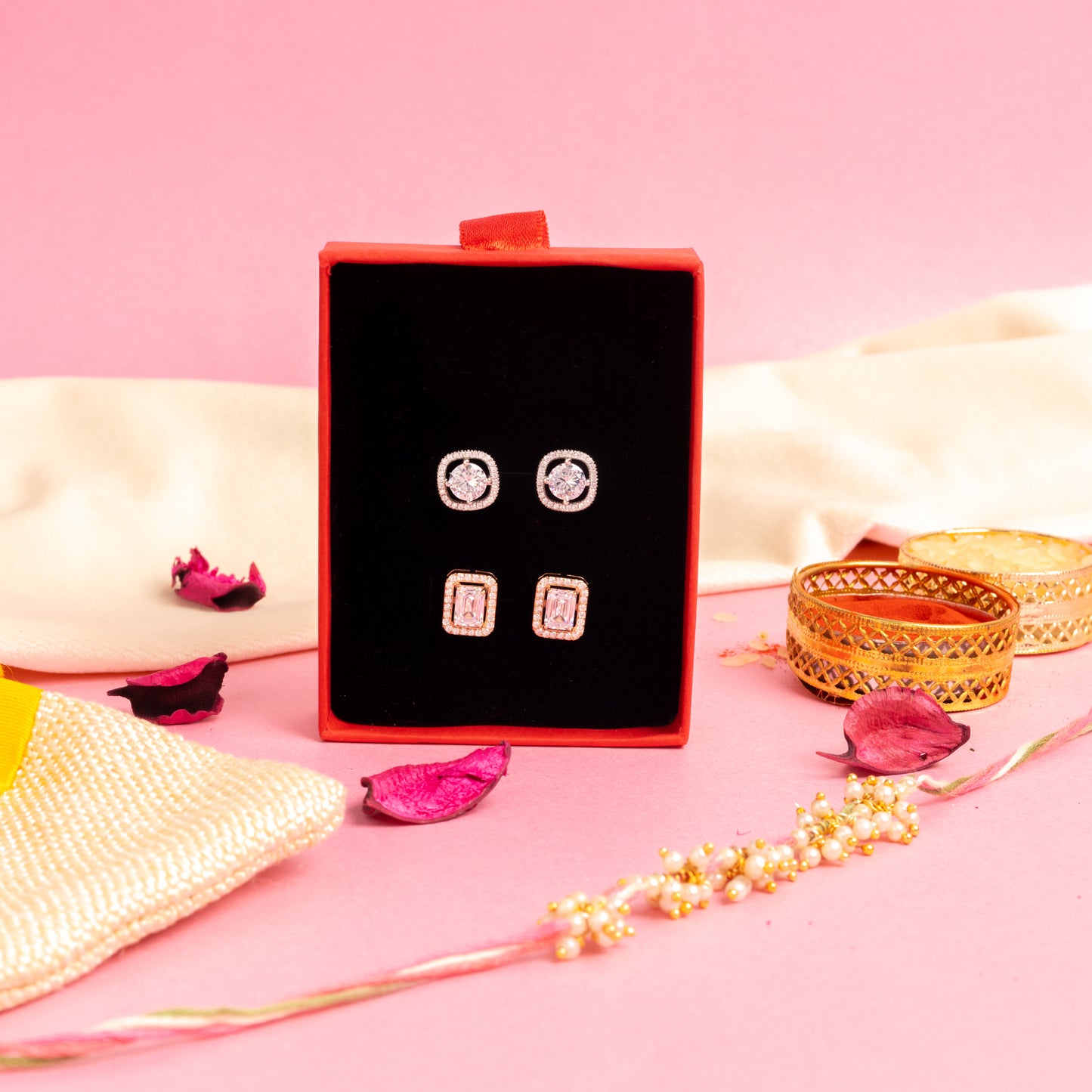 Exclusive Value Combo of  Round Cut Solitaire and Rose Gold Emerald Cut Solitaire Studs on Pure 925 Silver