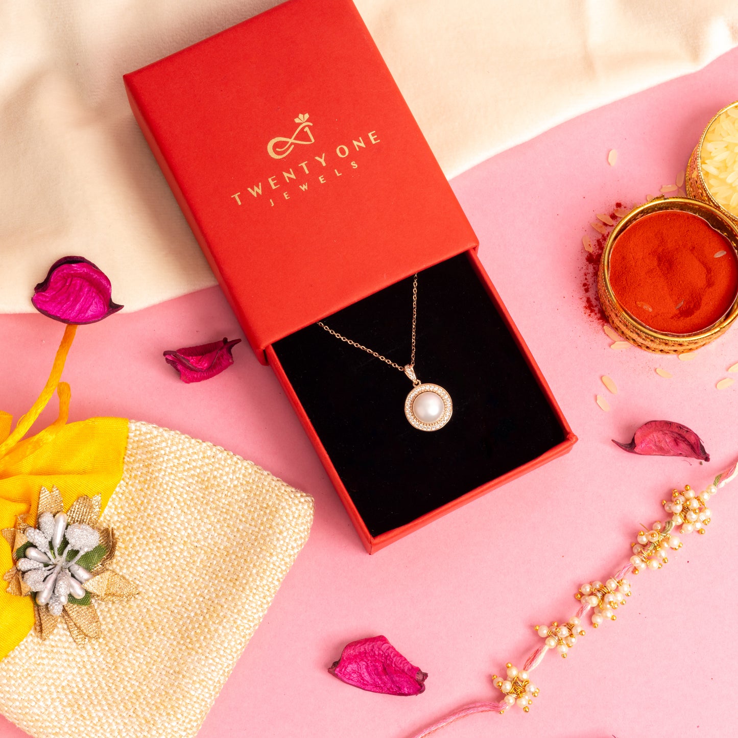 Rose Gold Diamond studded Reyna Pearl Pendant with Chain on Pure 925 Silver.