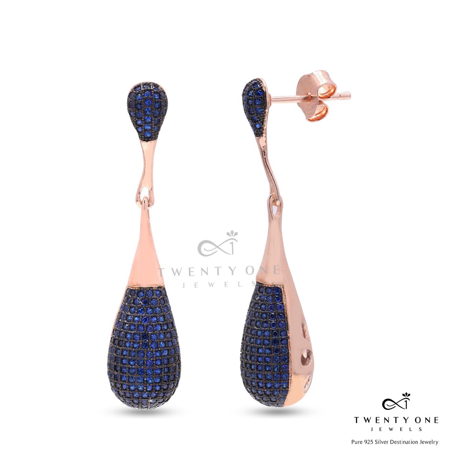 Blue Diamond Rose Gold Clara Danglers on Pure 925 Silver