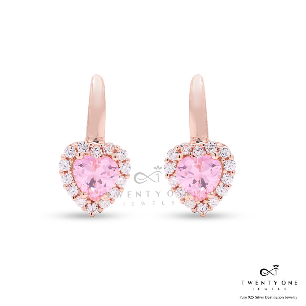 Queenie Pink Heart Solitaire with Diamond Border Rose Gold Huggie Style Earrings on Pure 925 Silver