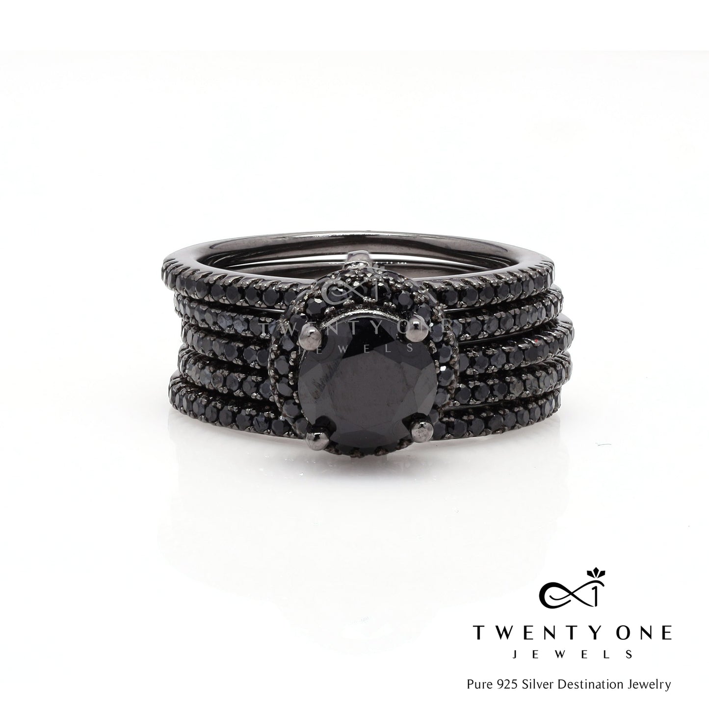 Black Rhodium American Diamond Stack Solitaire Ring on Pure 925 Silver