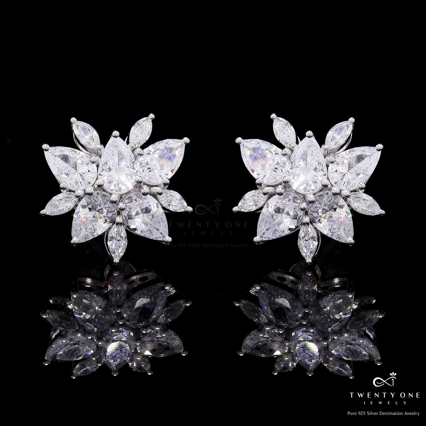 Premium Marquise and Drop Diamond Angelina Studs with Premium Screw Backs on Pure 925 Silver