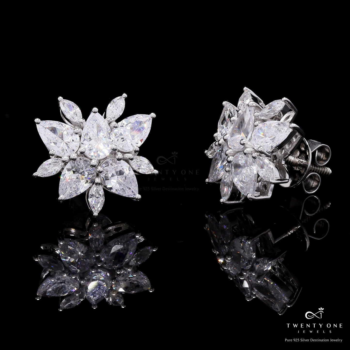 Premium Marquise and Drop Diamond Angelina Studs with Premium Screw Backs on Pure 925 Silver