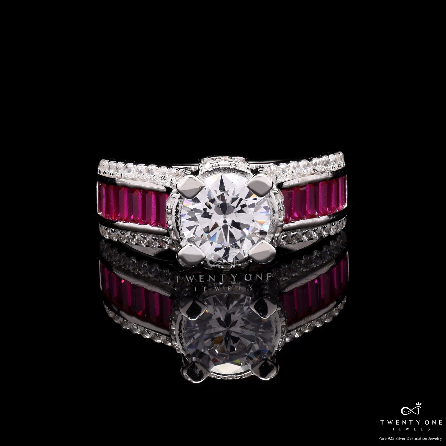 Royal Ashley Solitaire Ring with Diamond and Ruby Baguette on 925 Silver