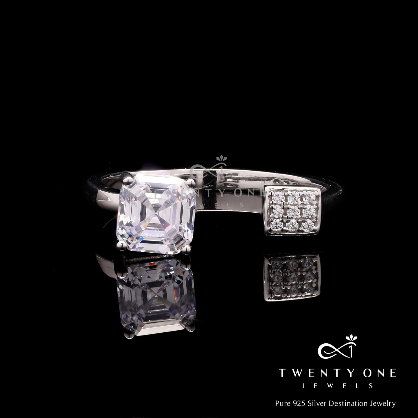 Adjustable Jennifer Ring with Asher Cut Solitaire and Pave Setting Diamonds on Pure 925 Silver