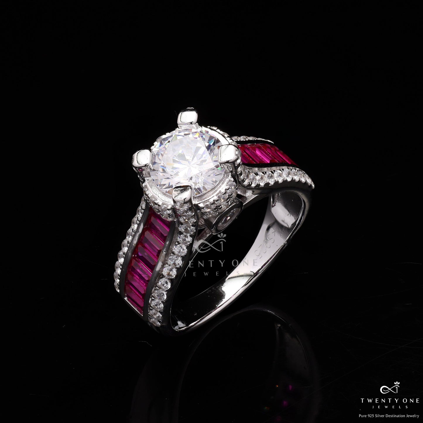 Royal Ashley Solitaire Ring with Diamond and Ruby Baguette on 925 Silver