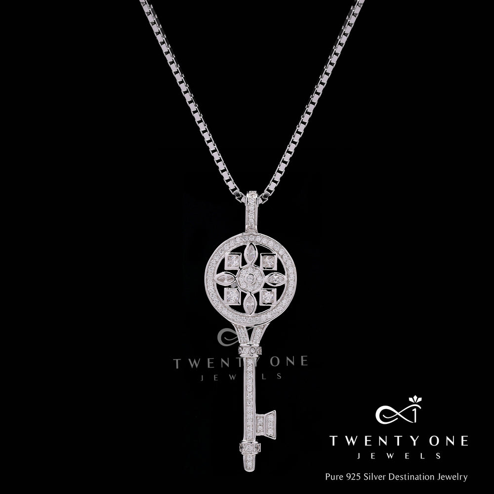 Azga Diamond Studded Key Pendant with Chain on Pure 925 Silver