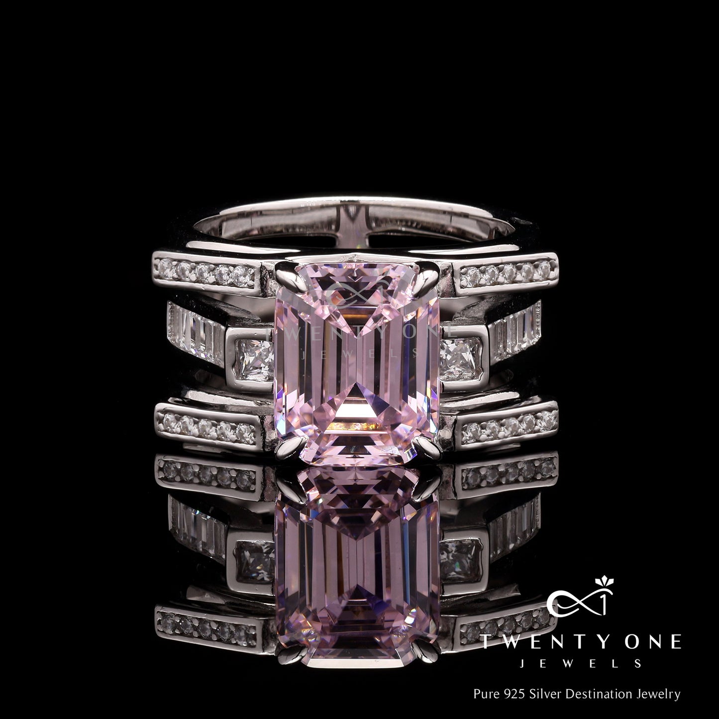 Rose Pink Emerald 3 Layered Beyonce Ring on Pure 925 Silver