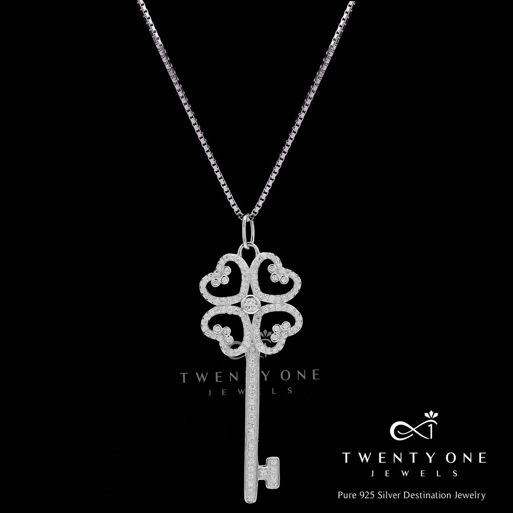 Trendy American Diamond Studded Big Key Pendant with Chain on Pure 925 Silver