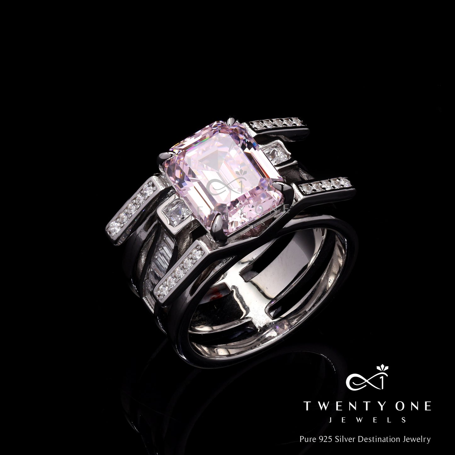 Rose Pink Emerald 3 Layered Beyonce Ring on Pure 925 Silver