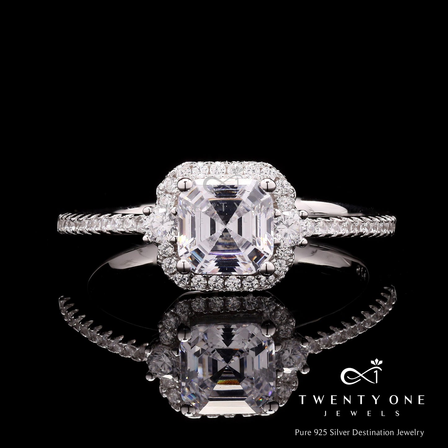 Ascher Cut Solitaire Wislie Ring with Square Halo on Pure 925 Silver