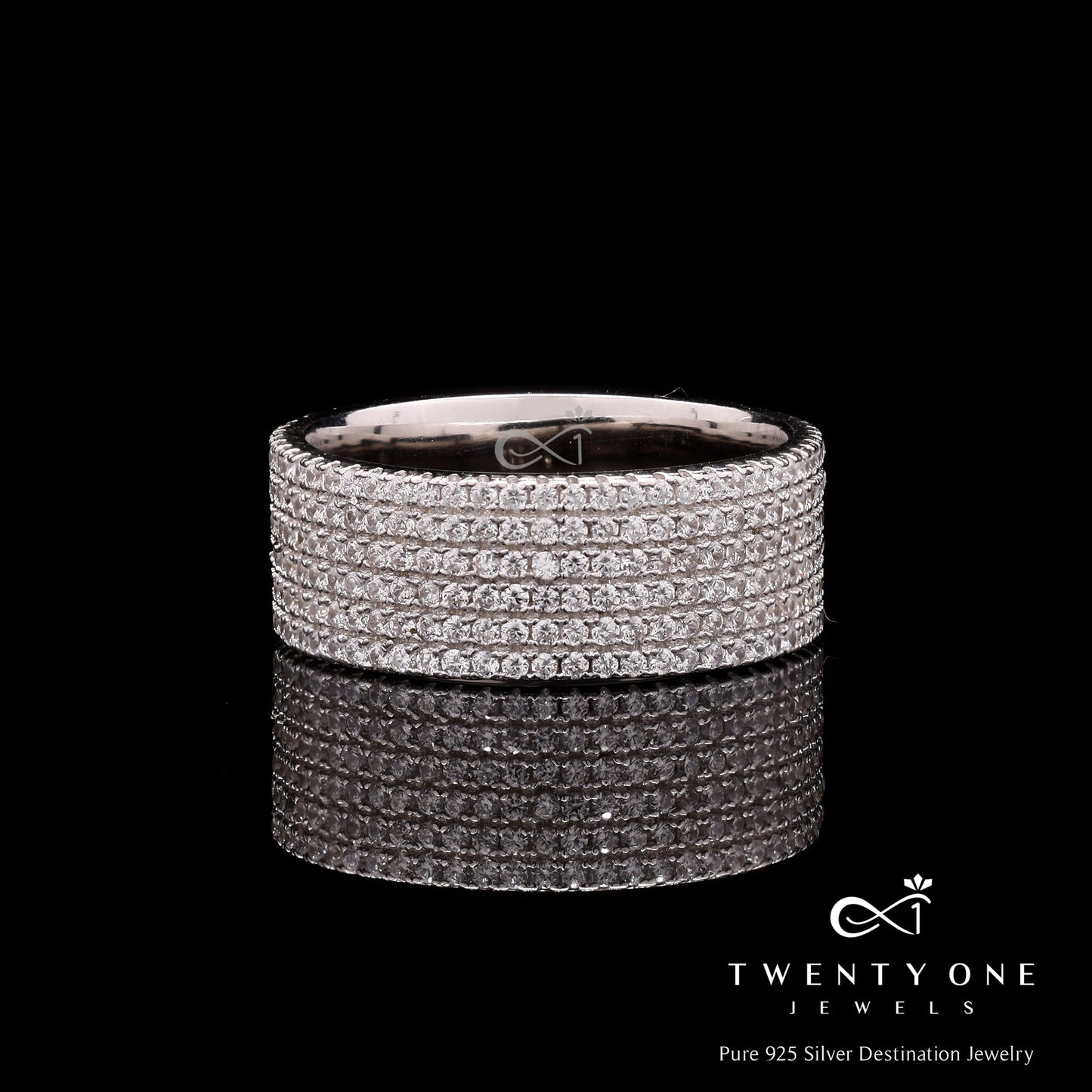 Solid Diamond Micro Setting Band Ring on Pure 925 Silver