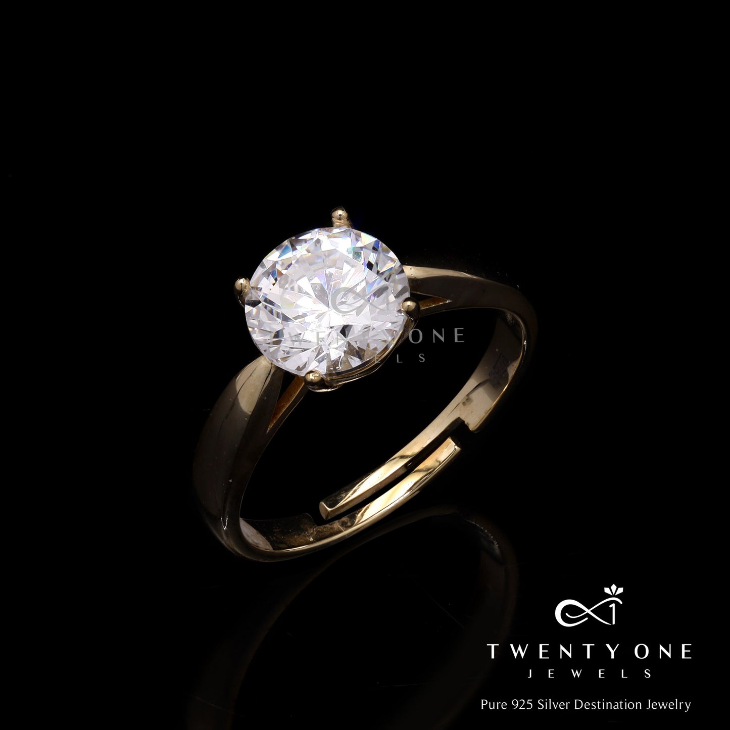 Adjustable Gold Finish 2 Carat Solitaire Zoe Ring on Pure 925| Fits all Sizes