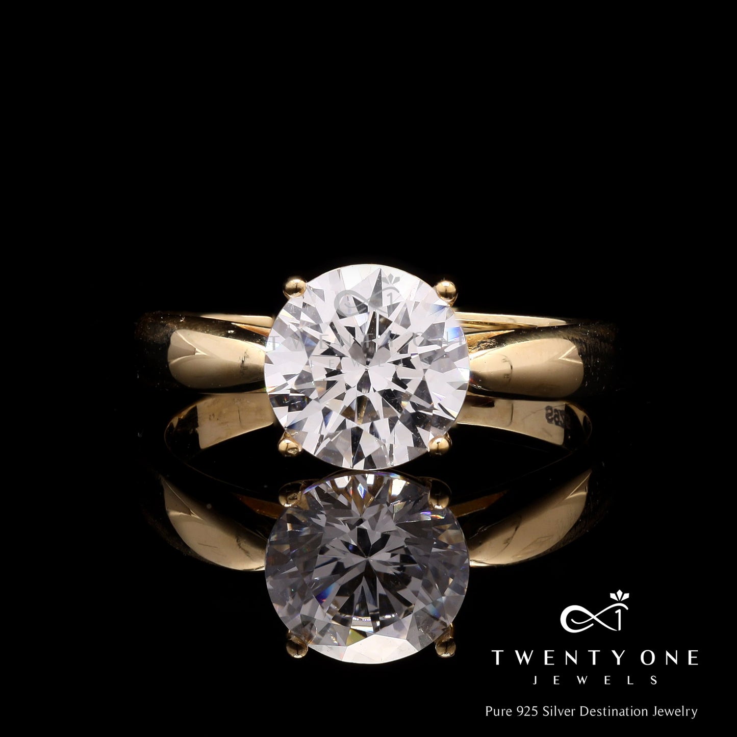 Adjustable Gold Finish 2 Carat Solitaire Zoe Ring on Pure 925| Fits all Sizes