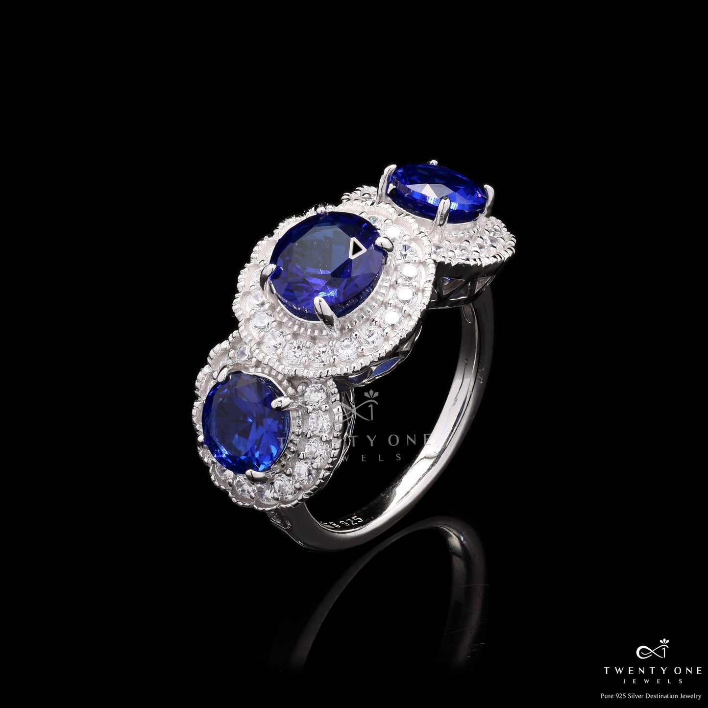 Blue Sapphire Diamond Studded Tri Solitaire Saba Ring On 925 Silver