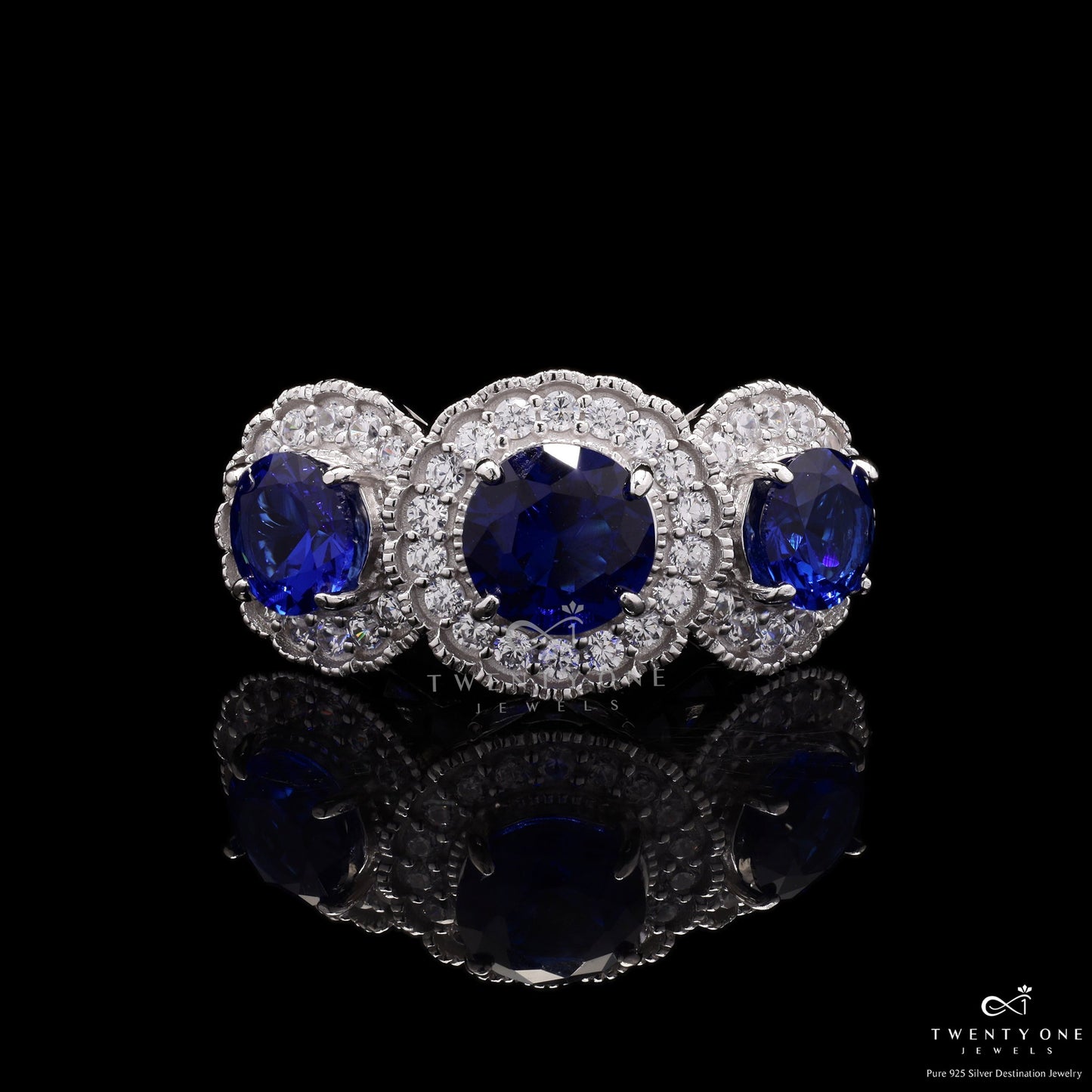 Blue Sapphire Diamond Studded Tri Solitaire Saba Ring On 925 Silver