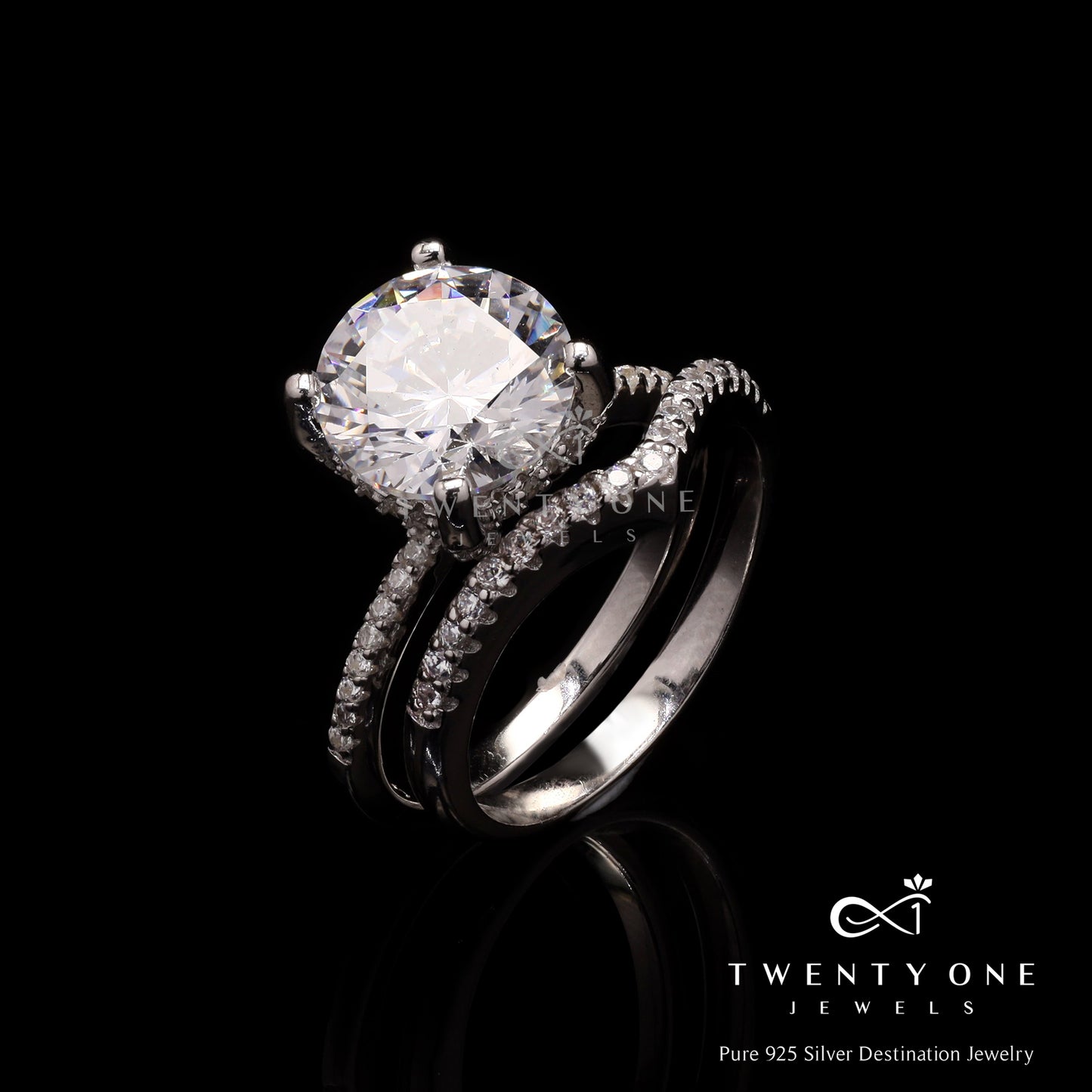 3 Carat Solitaire with V Shape Band Alma Ring on Pure 925 Silver