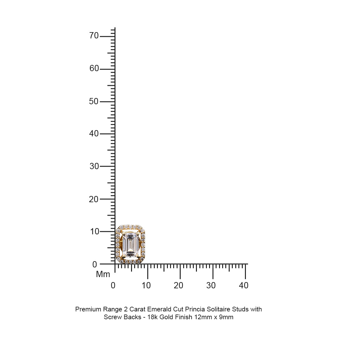 Premium Range 1.5 Carat Emerald Cut Princia Solitaire Studs with Screw Backs - 18k Gold Finish