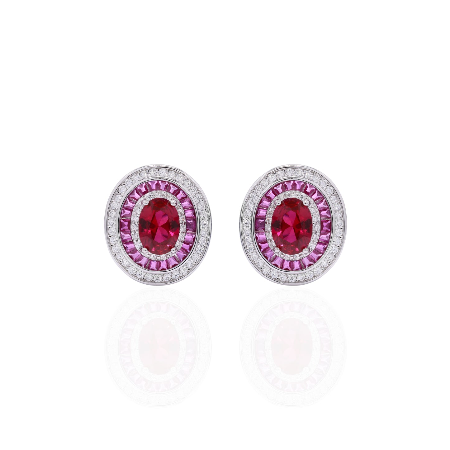 Premium 1 Carat Hydro Ruby Oval Solitaire Baguette Stud Earrings on Pure 925 Silver