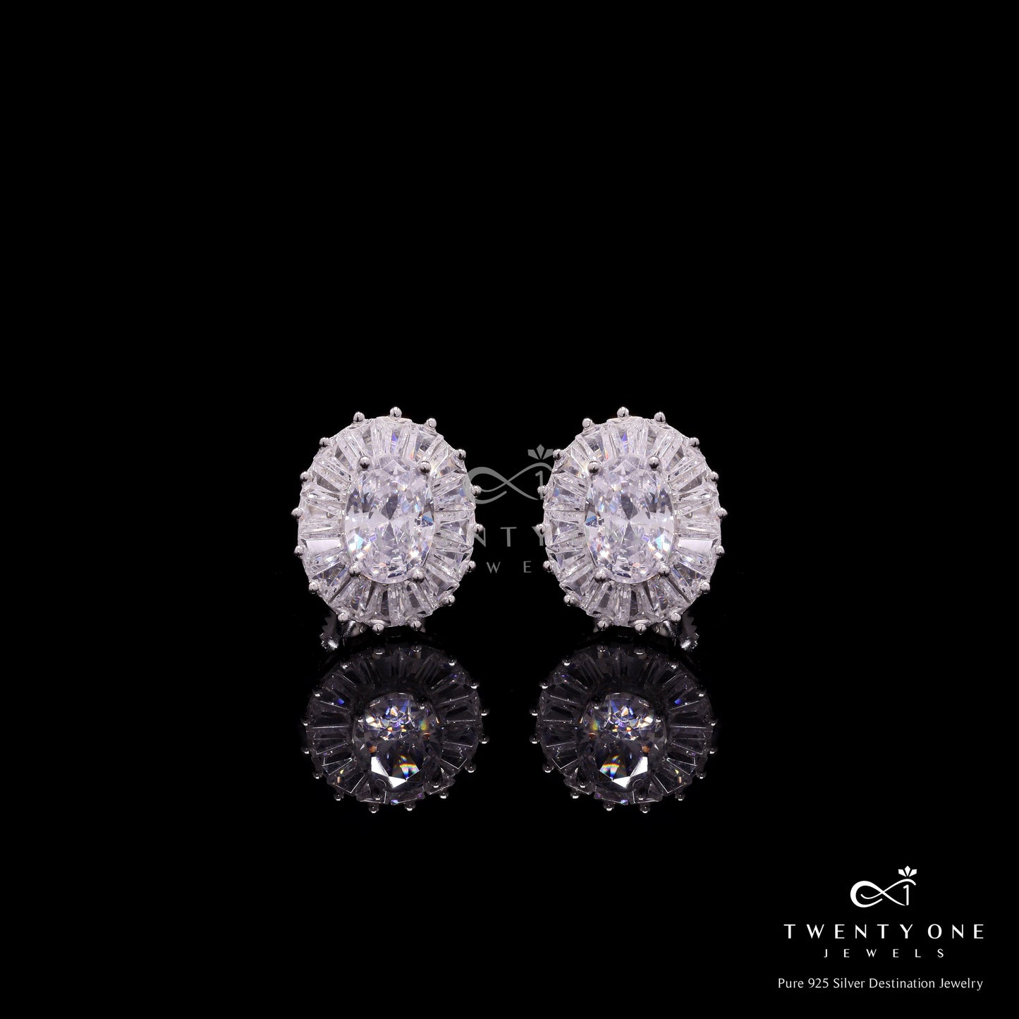 American Diamond Studded Oval Solitaire Ari Stud with Screw Back on Pure 925 Silver.