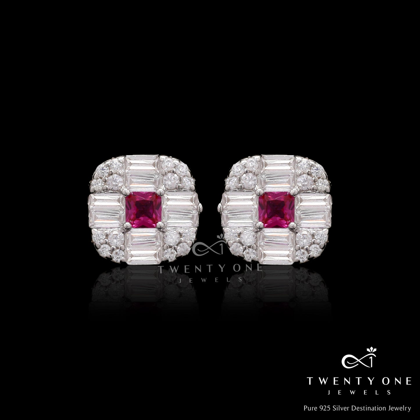 American Diamond with Ruby Talia Stud on Pure 925 silver
