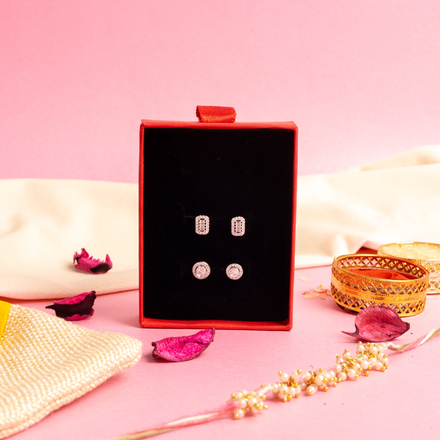 Exclusive Value Festive Combo of  Petite Baguette Studs and Mini Solitaire Studs with Halo on Pure 925 Silver.