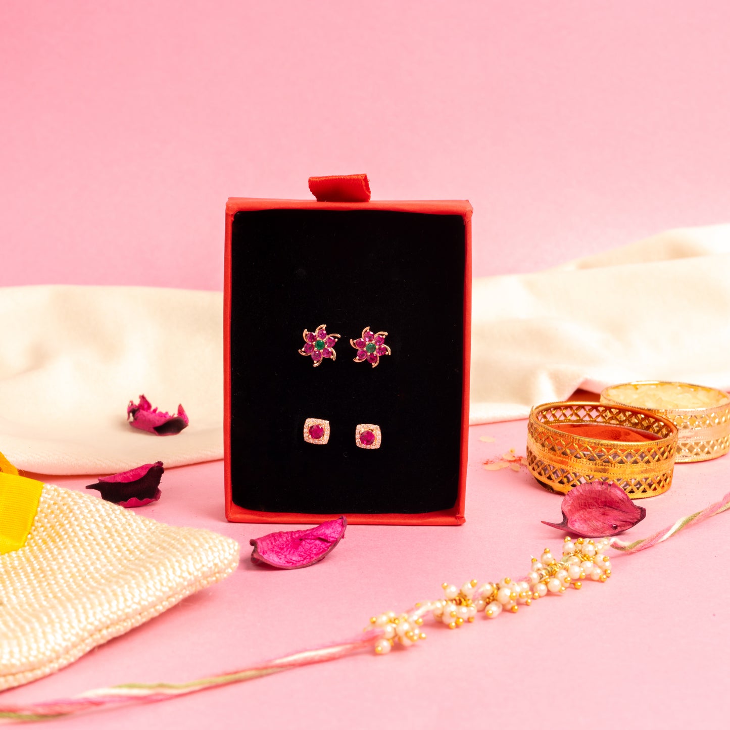 Exclusive Value Festive Combo of  Ruby Floral and Rose Gold Ruby Solitaire Studs on Pure 925 Silver.