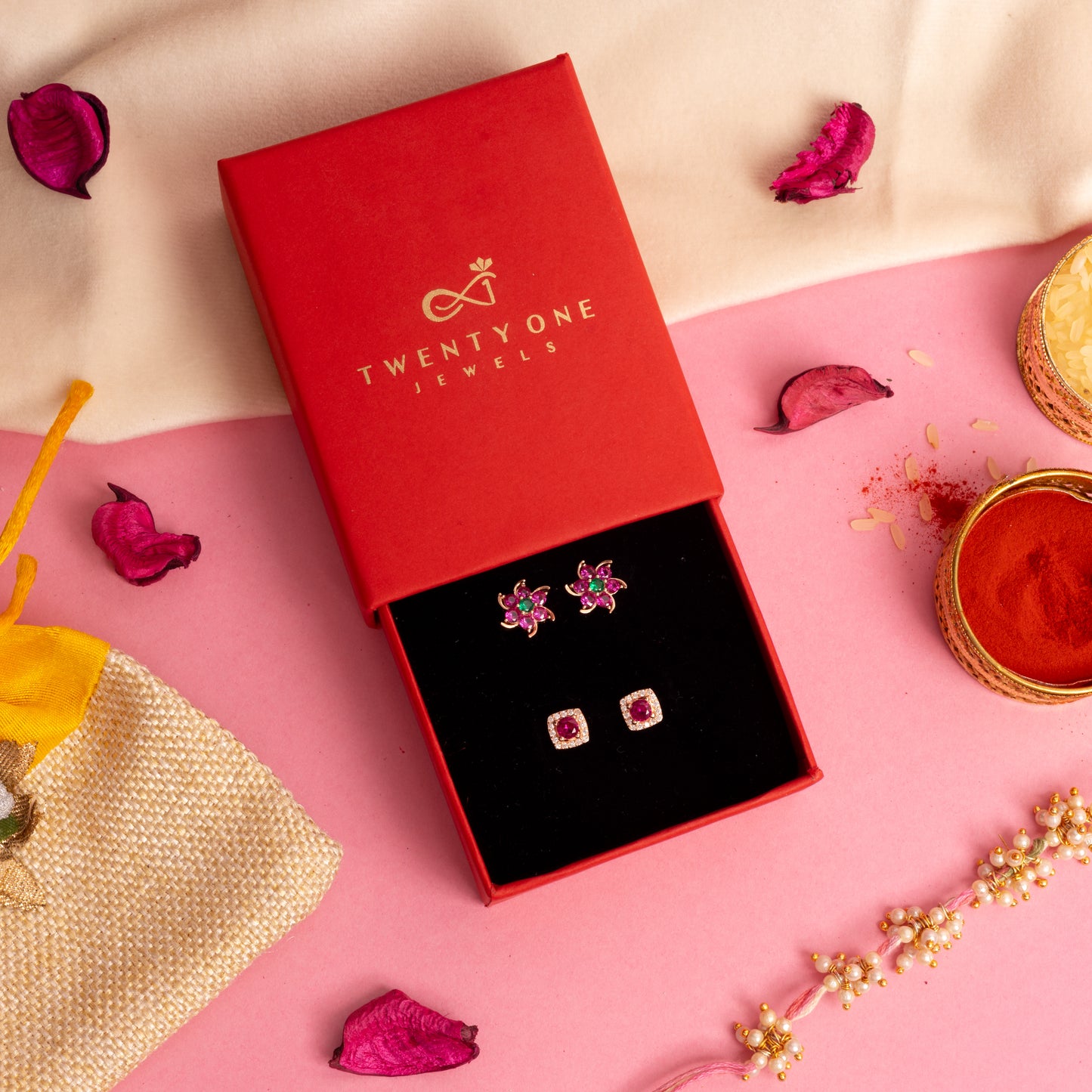 Exclusive Value Festive Combo of  Ruby Floral and Rose Gold Ruby Solitaire Studs on Pure 925 Silver.