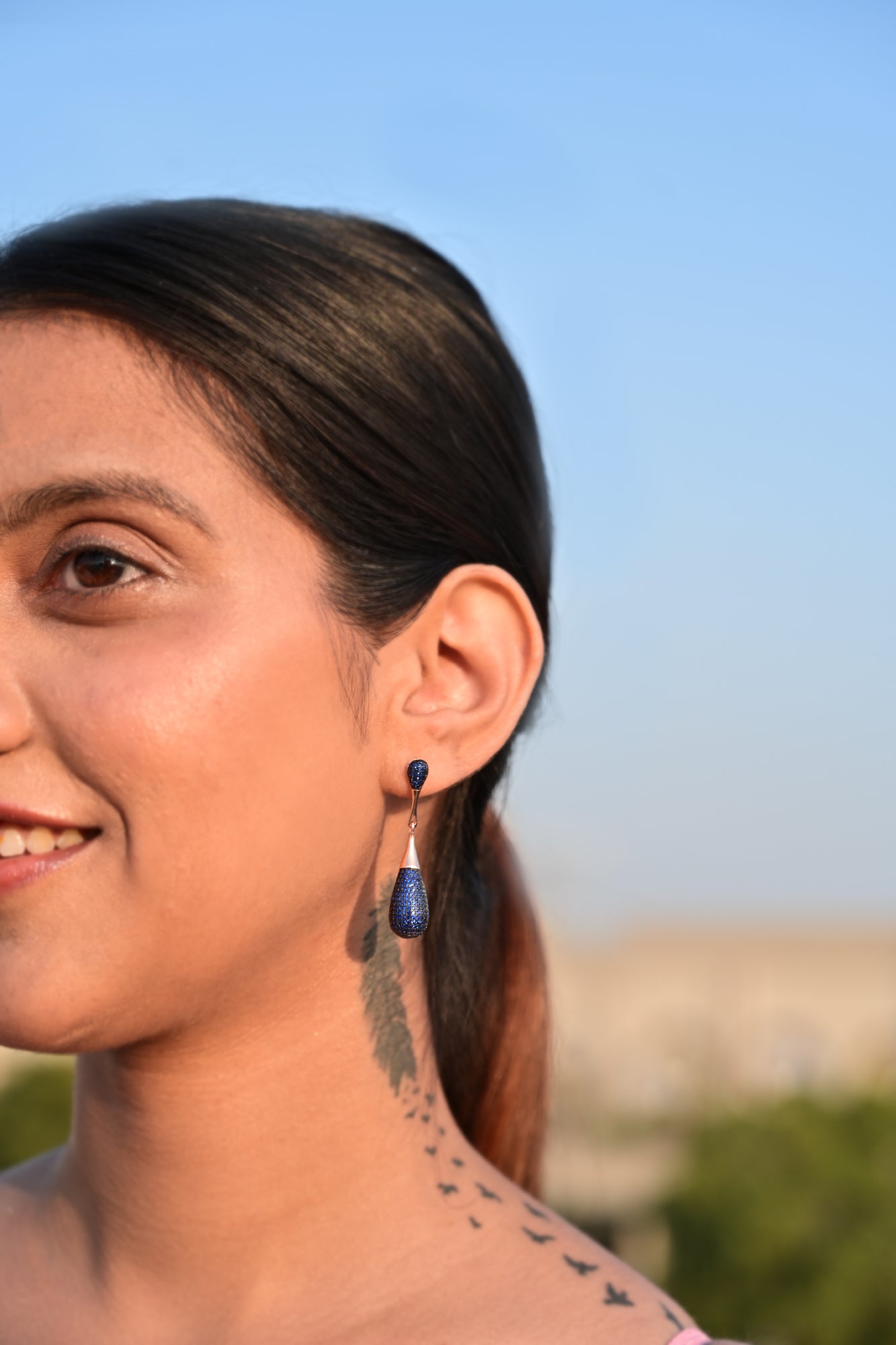 Blue Diamond Rose Gold Clara Danglers on Pure 925 Silver