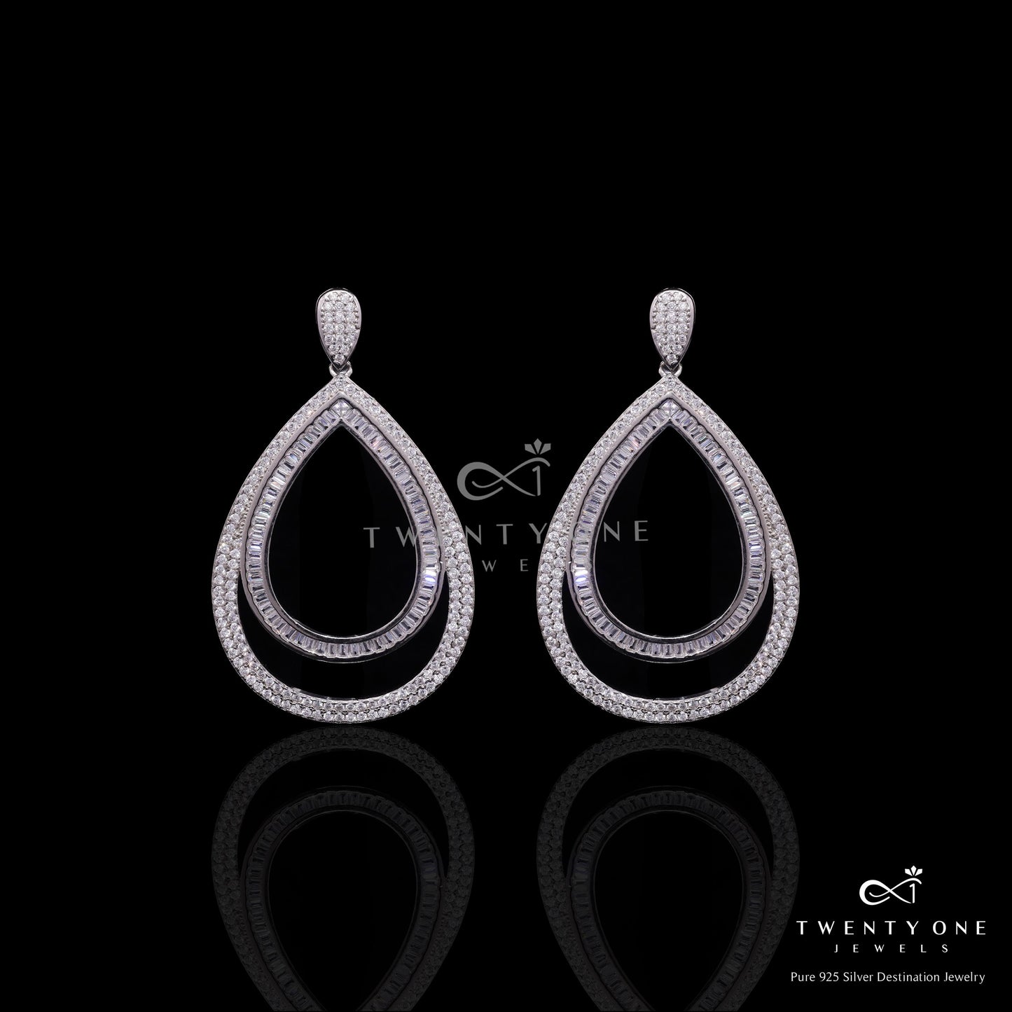 Premium Double Drop Party Earrings with American Diamond Baguettes on Pure 925 Silver