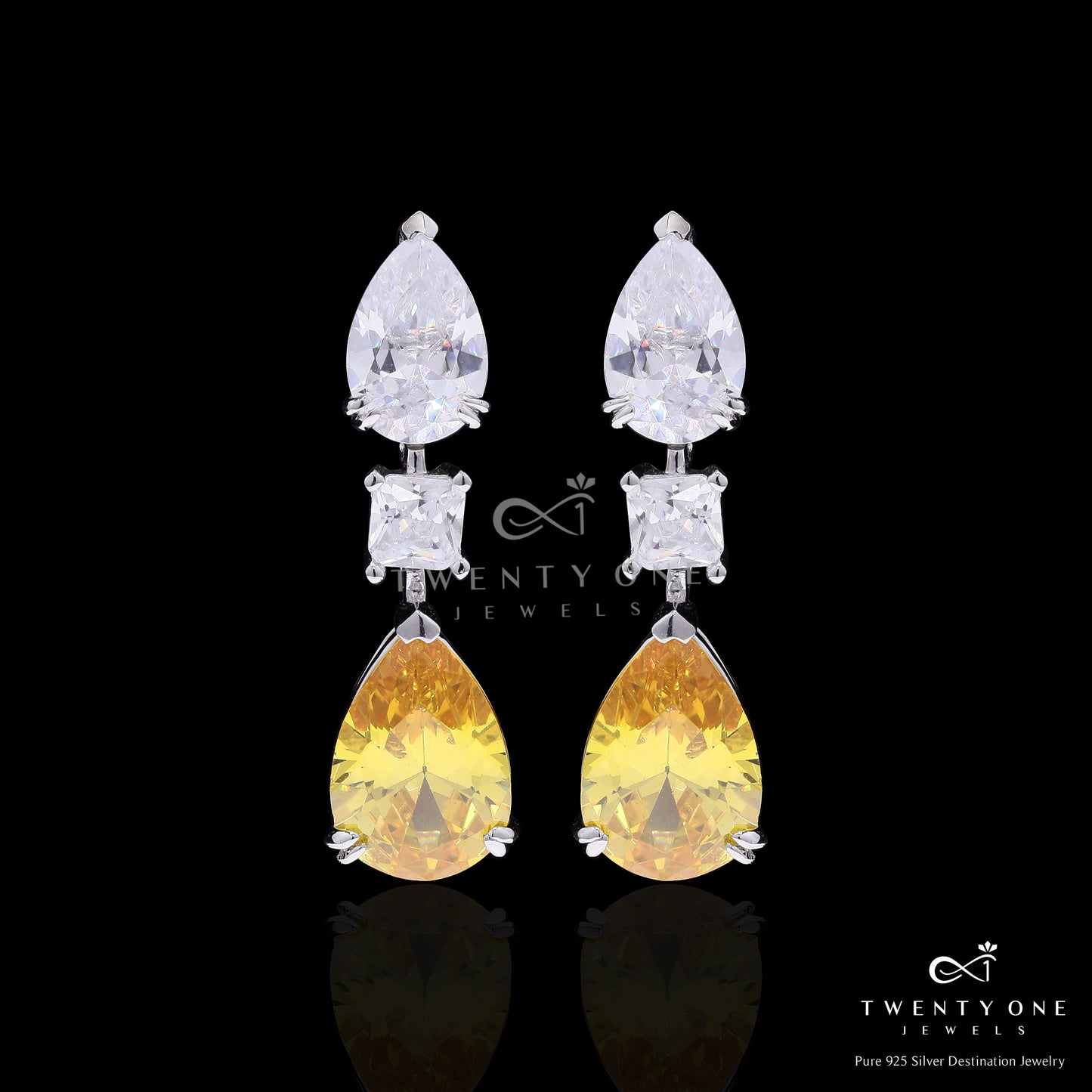 Yellow and White Diamond Drop Solitaire Party Earrings with Princess Cut Centre on Pure 925 Silver