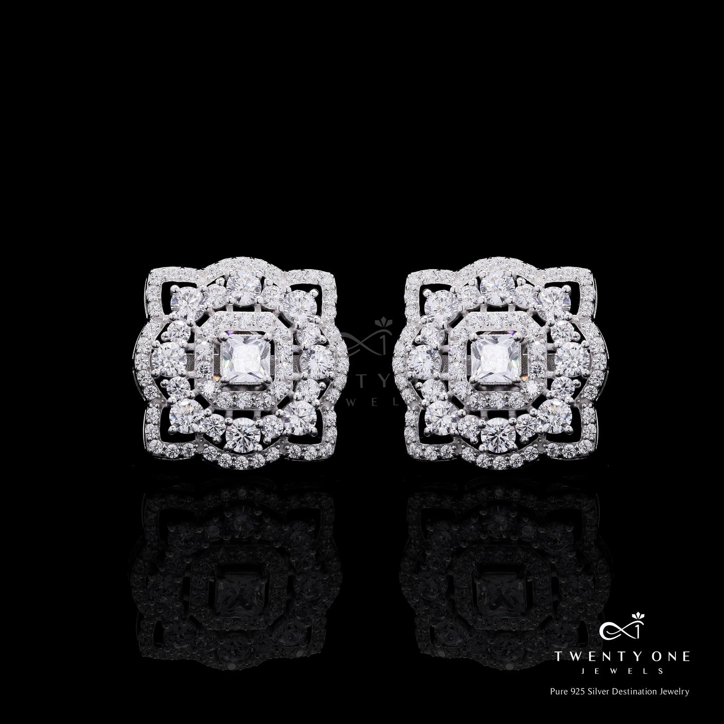 Ultra Premium American Diamond Ella Studs with Princess Cut Solitaire and Premium Screw Backs on Pure 925 Silver