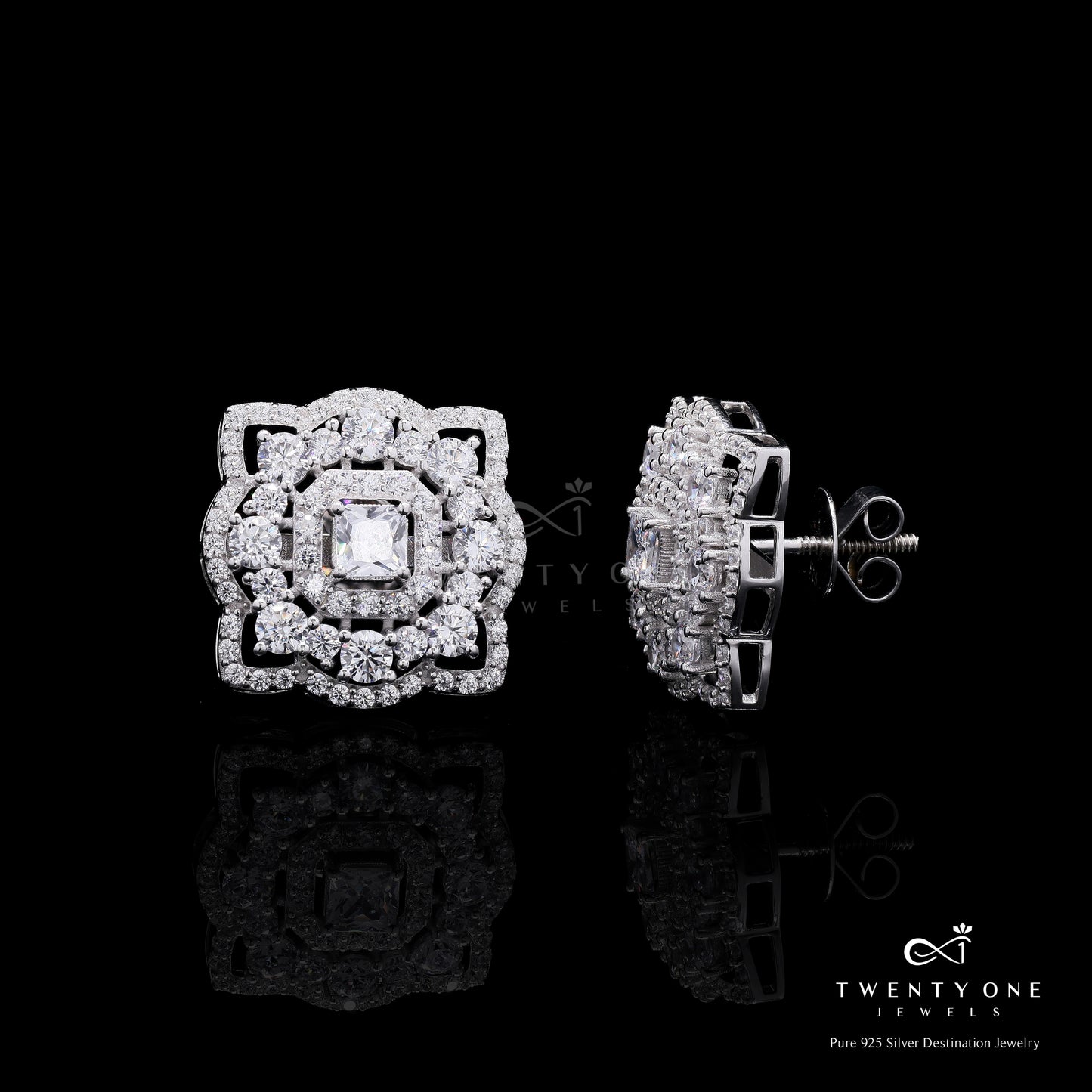 Ultra Premium American Diamond Ella Studs with Princess Cut Solitaire and Premium Screw Backs on Pure 925 Silver