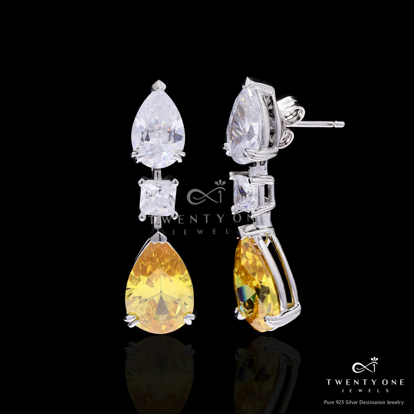 Yellow and White Diamond Drop Solitaire Party Earrings with Princess Cut Centre on Pure 925 Silver