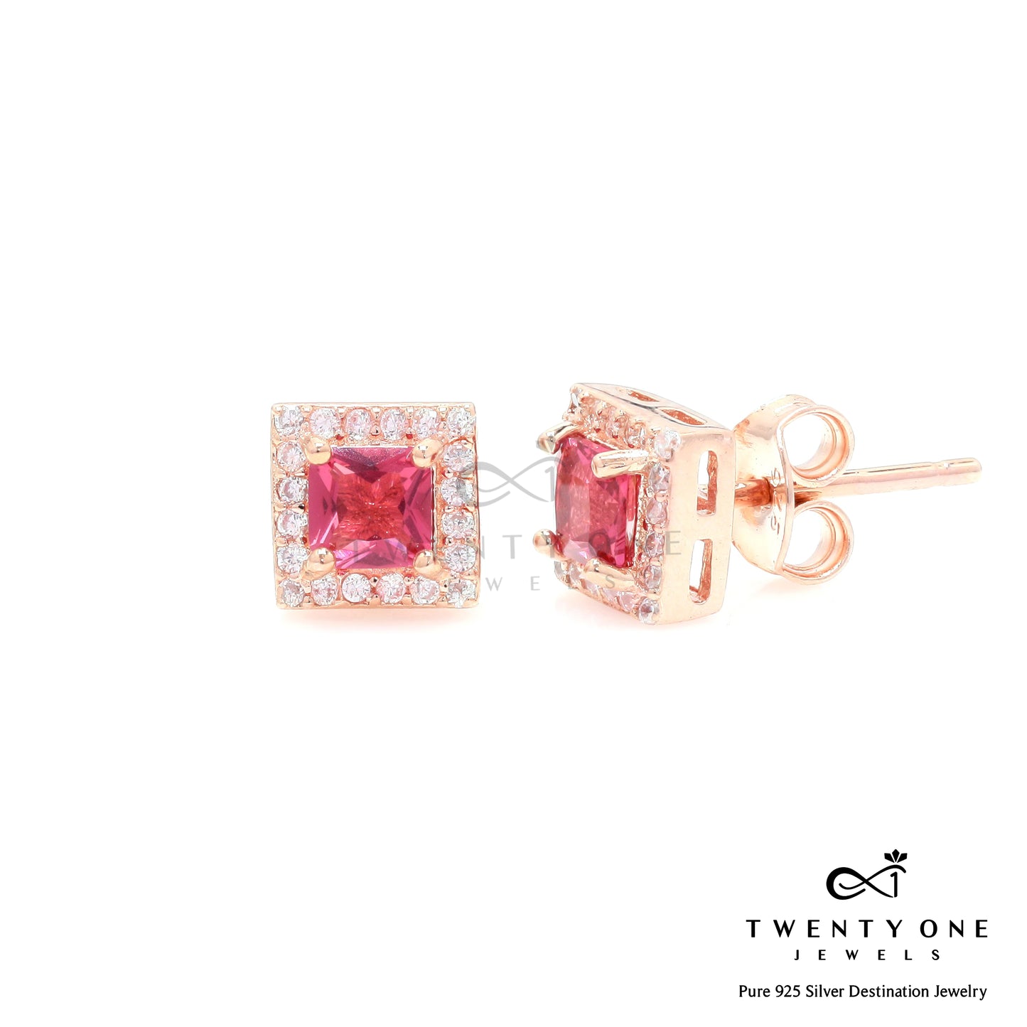Rose Gold Diamond with Ruby Solitaire Kora Studs On Pure 925 Silver
