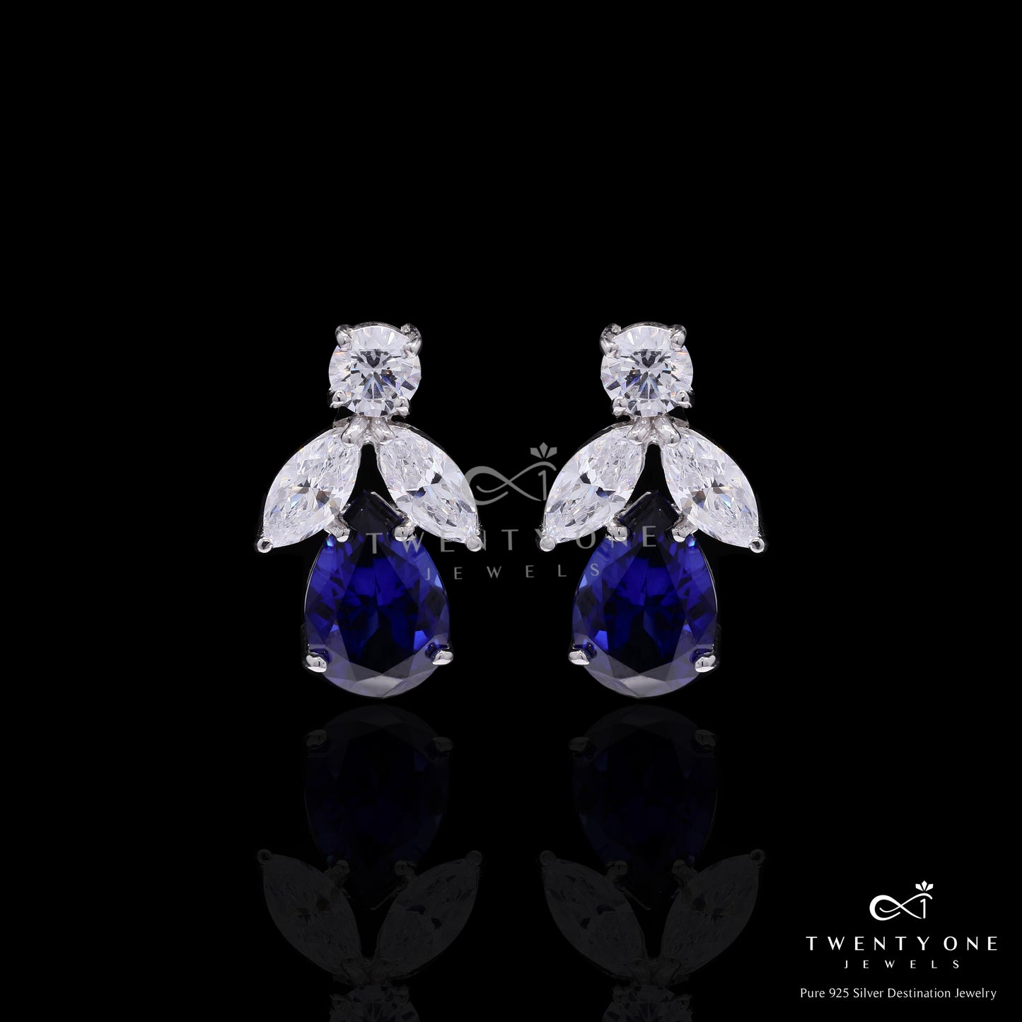 Ultra Premium Blue Sapphire Tory Earrings with Round Cut and Marquise Solitaires on Pure 925 Silver