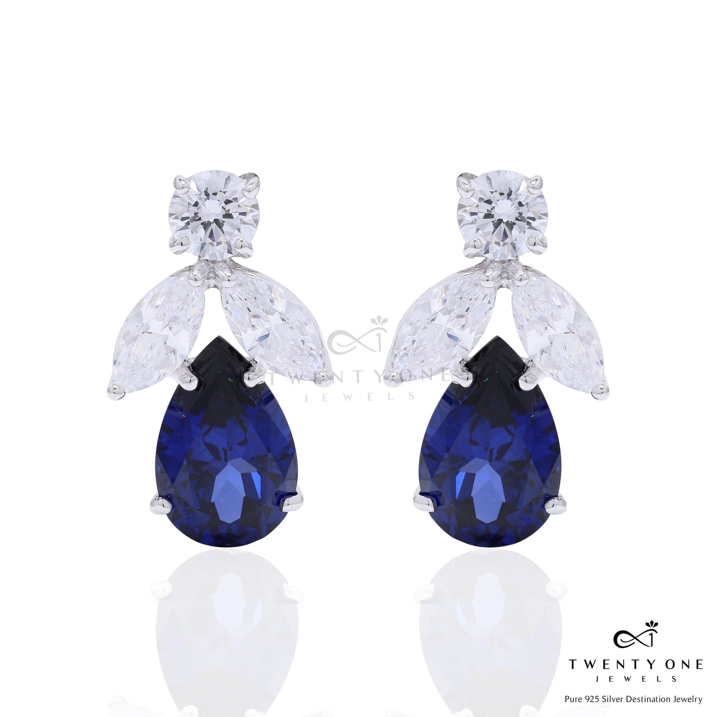 Ultra Premium Blue Sapphire Tory Earrings with Round Cut and Marquise Solitaires on Pure 925 Silver