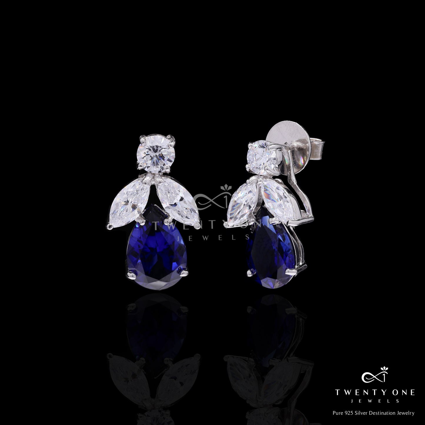 Ultra Premium Blue Sapphire Tory Earrings with Round Cut and Marquise Solitaires on Pure 925 Silver
