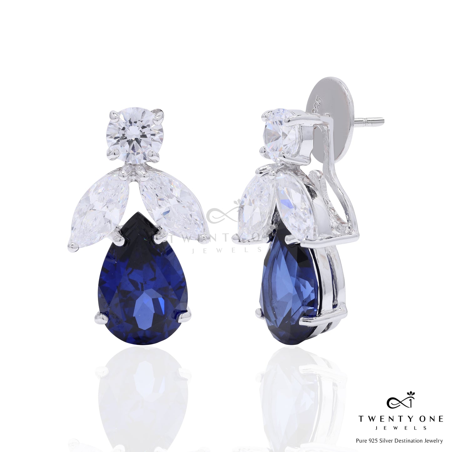 Ultra Premium Blue Sapphire Tory Earrings with Round Cut and Marquise Solitaires on Pure 925 Silver