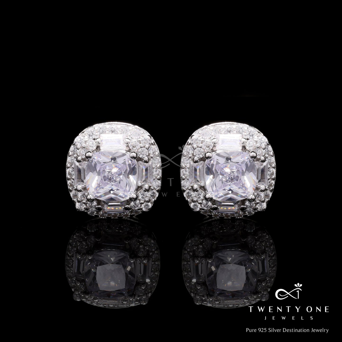 Cushion Cut Solitaire Vallery Studs on Pure 925 Silver