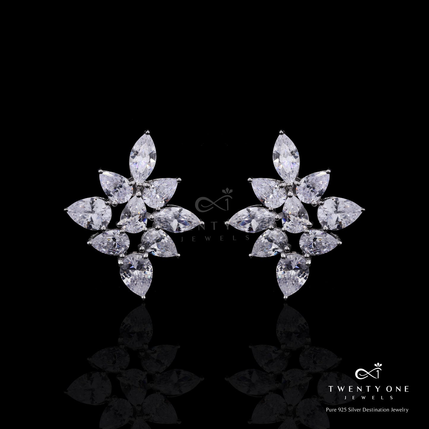 Premium Marquise and Drop Diamond Jovie Studs with Premium Screw Backs on Pure 925 Silver