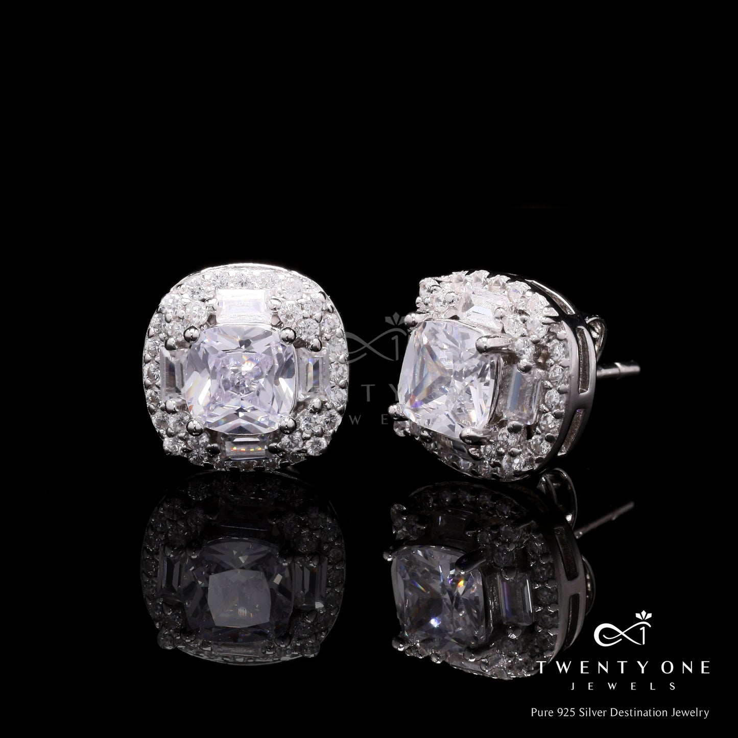 Cushion Cut Solitaire Vallery Studs on Pure 925 Silver