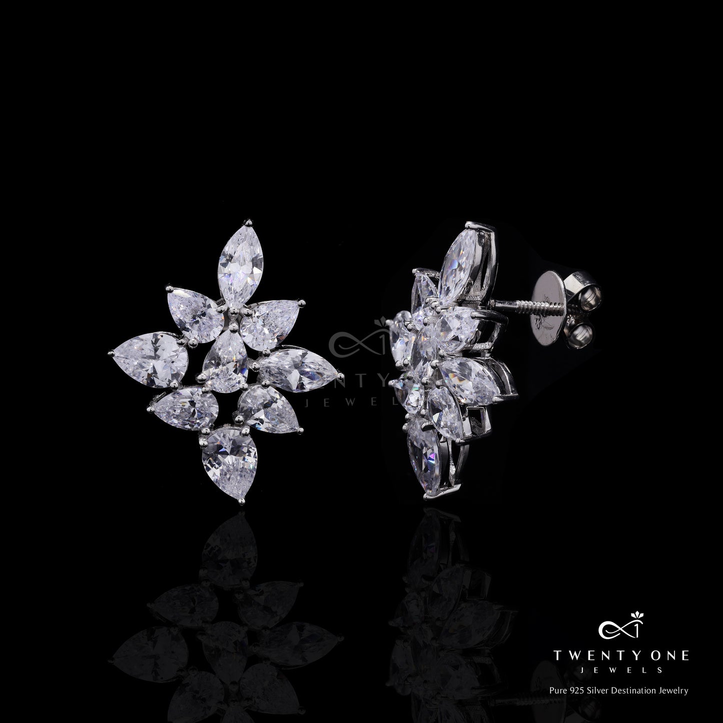 Premium Marquise and Drop Diamond Jovie Studs with Premium Screw Backs on Pure 925 Silver