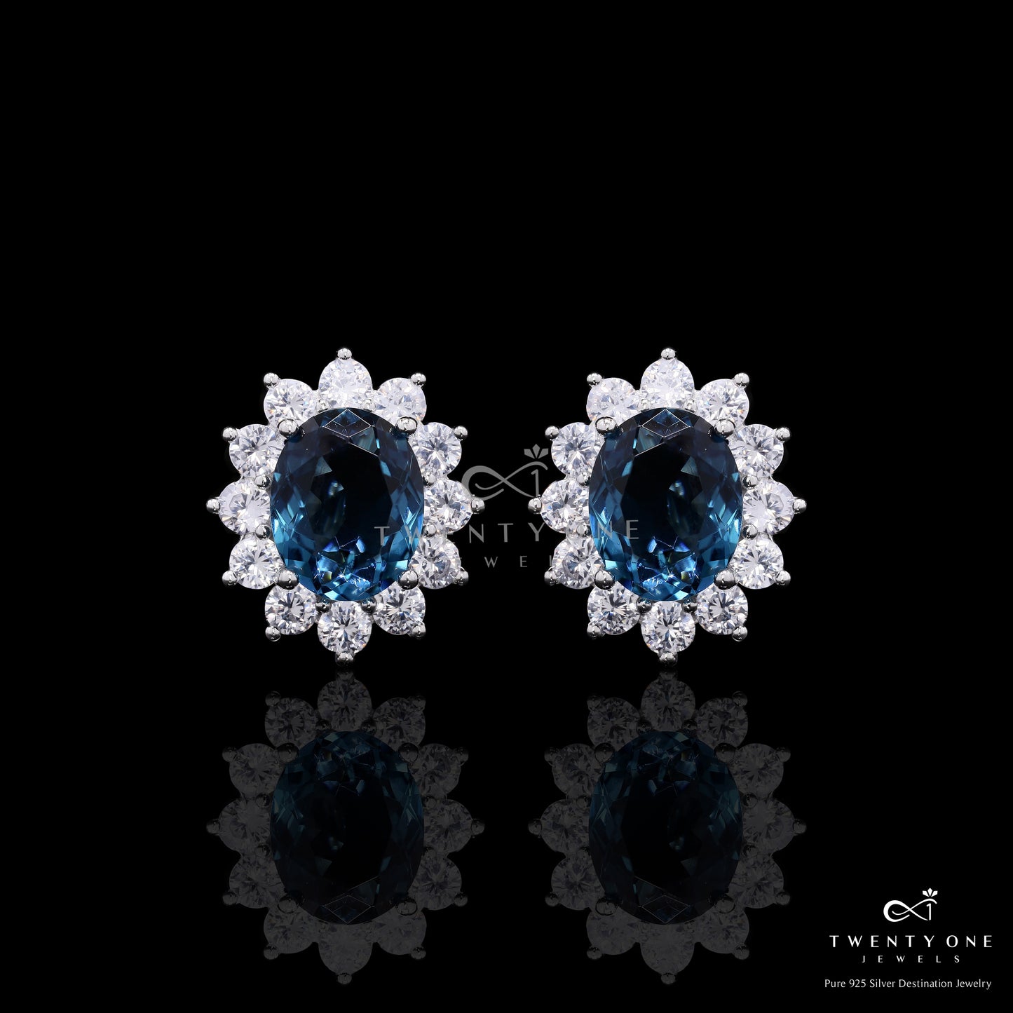 Turquoise Blue Oval Solitaire with Round Cut Diamond Cluster Gema Studs on Pure 925 Silver